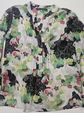 Rose & Olive Blouse Womens Medium Green Black Leafy Print Pleated Top